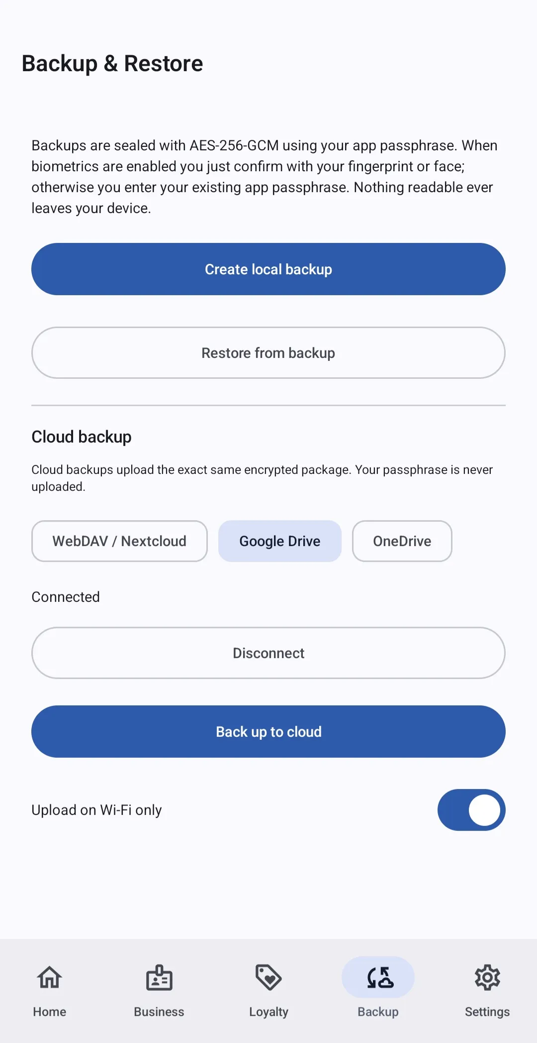 CardVault backup screen explaining that backups are sealed with AES-256-GCM using your app passphrase, with local and cloud backup options.